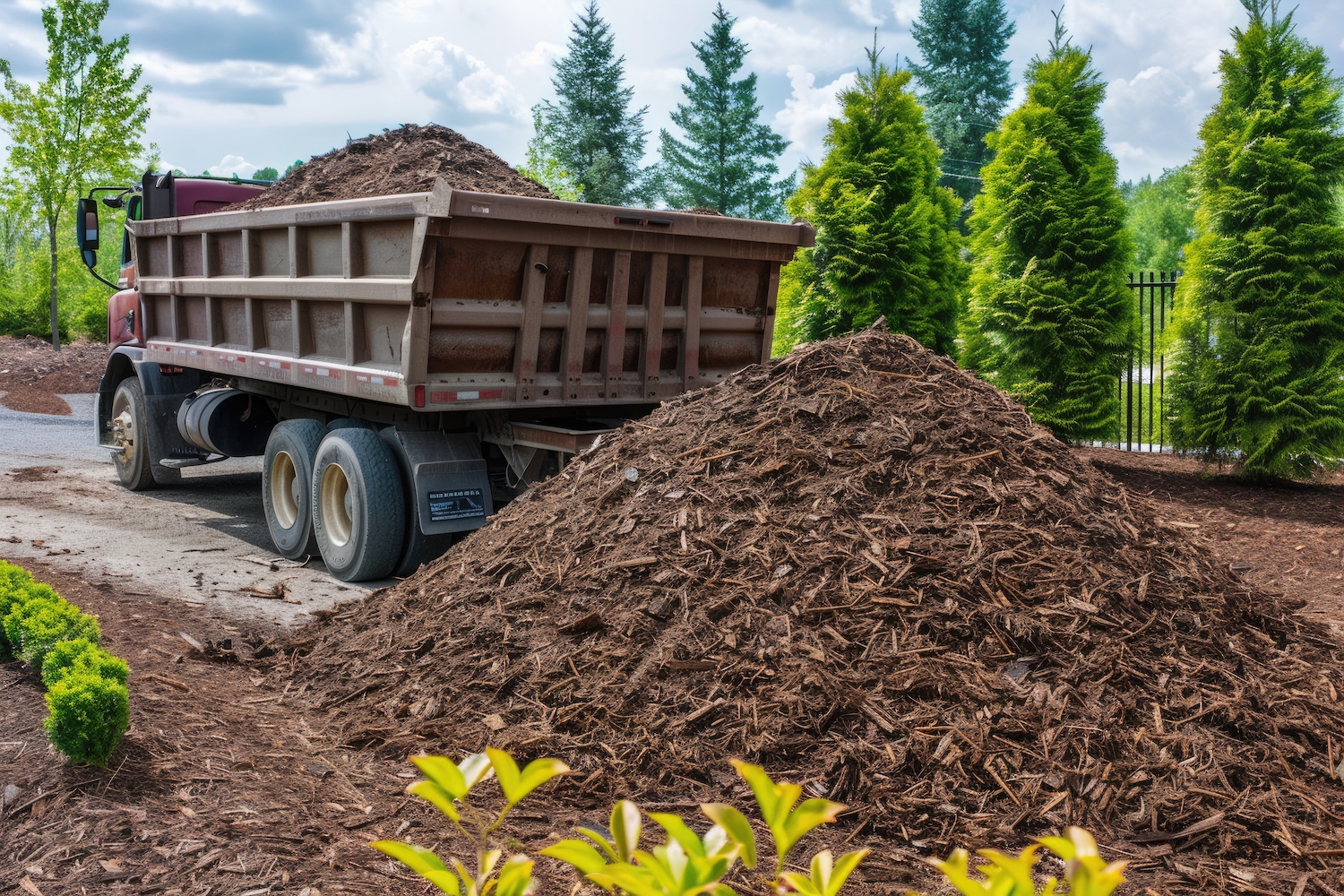 Brown Mulch. A dump truck delivers a large load of mulch or wood chips use for landscaping top ground material and accents.: mulch, truck, dump truck, transport, lorry, load, organic, textured, dump, ecology --ar 3:2 Job ID: 2e008b51-62aa-43c8-89f6-6afe61479e5c